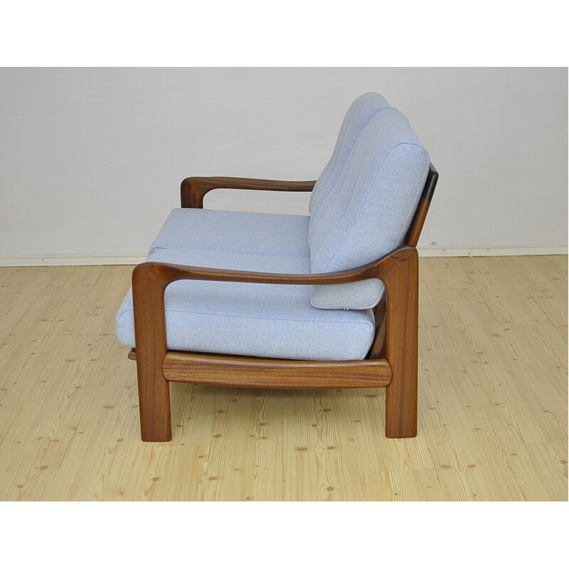 Vintage massief teakhouten blauwe tweezitsbank, 1960