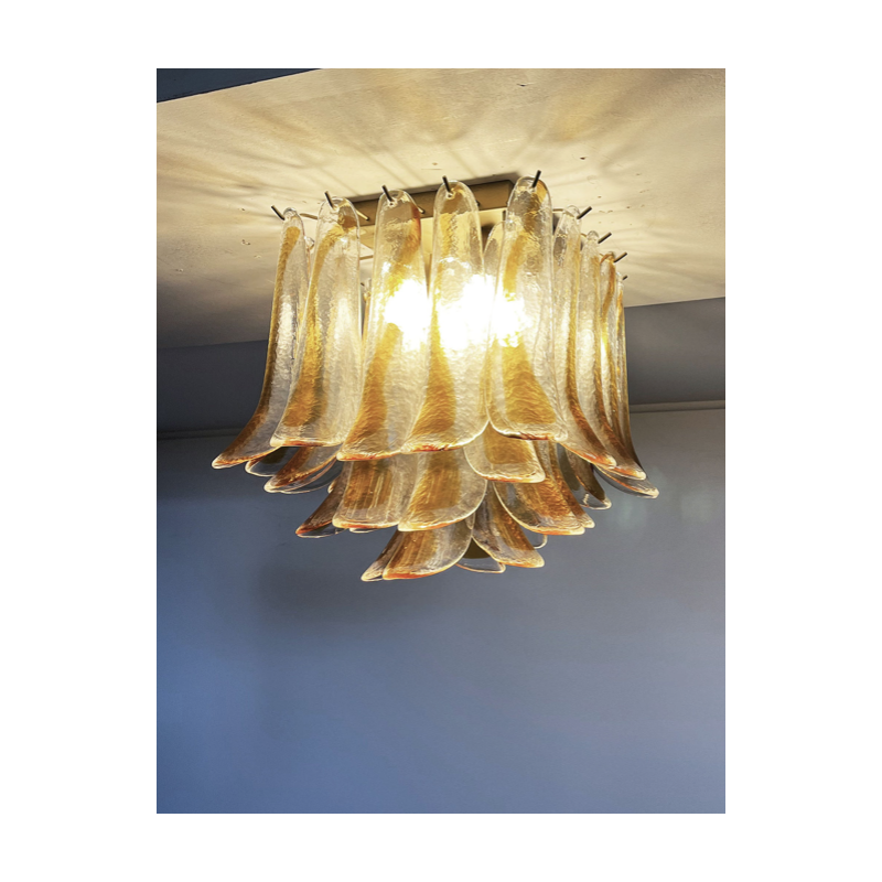 Vintage plafondlamp in transparant en amberkleurig Murano-glas