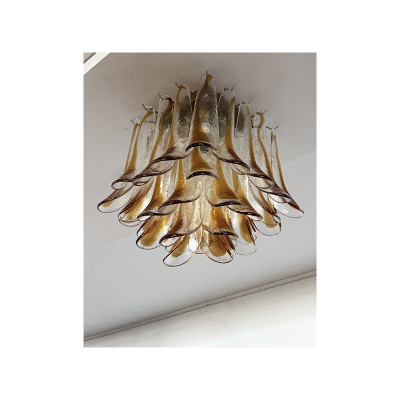 Vintage ceiling lamp in transparent and amber Murano glass