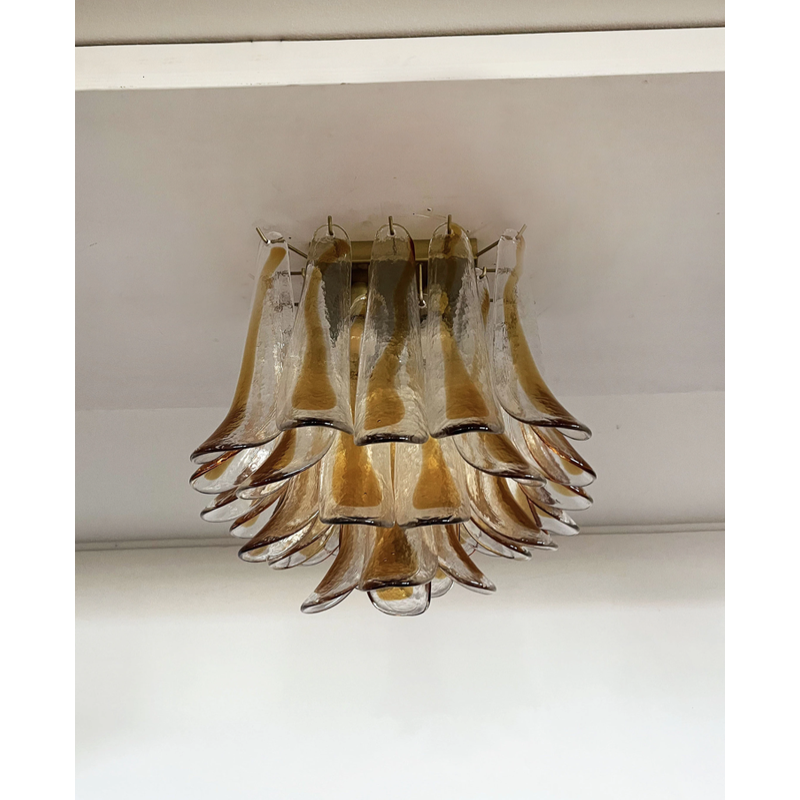 Vintage ceiling lamp in transparent and amber Murano glass