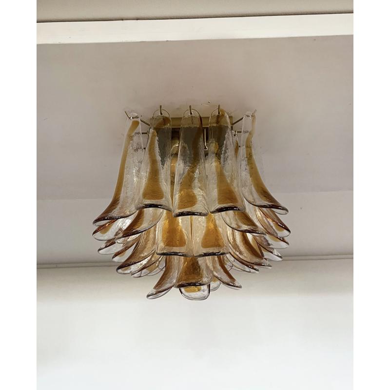 Vintage-Deckenleuchte aus transparentem und bernsteinfarbenem Muranoglas