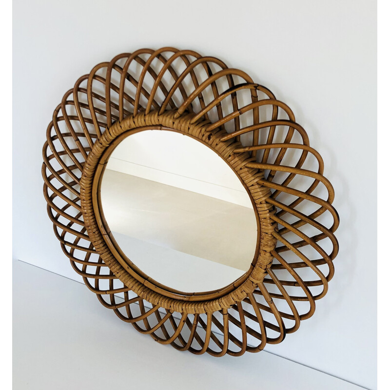 Vintage round mirror in rattan by Franco Albini, Italy 1960