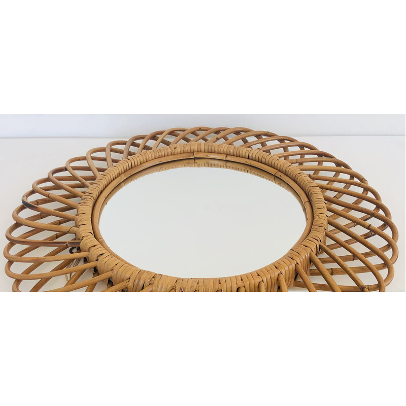 Vintage round mirror in rattan by Franco Albini, Italy 1960