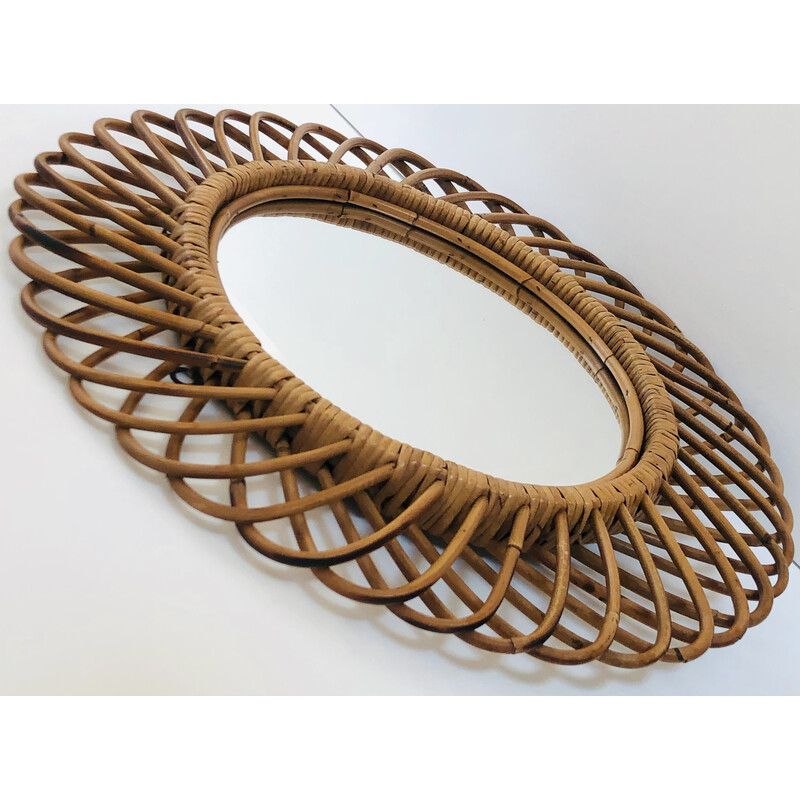 Vintage round mirror in rattan by Franco Albini, Italy 1960