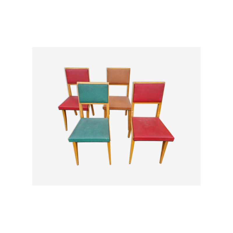 Lot de 4 chaises vintage en bois et skaï, 1940-1950