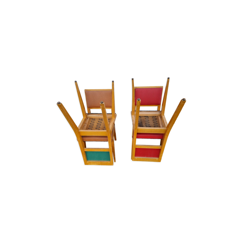 Set of 4 vintage wood and skai chairs, 1940-1950