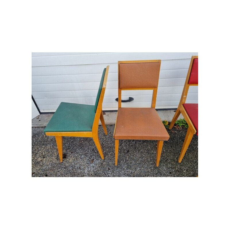 Set of 4 vintage wood and skai chairs, 1940-1950