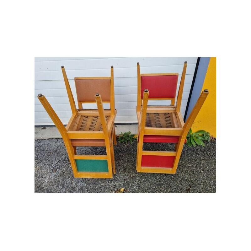 Set of 4 vintage wood and skai chairs, 1940-1950