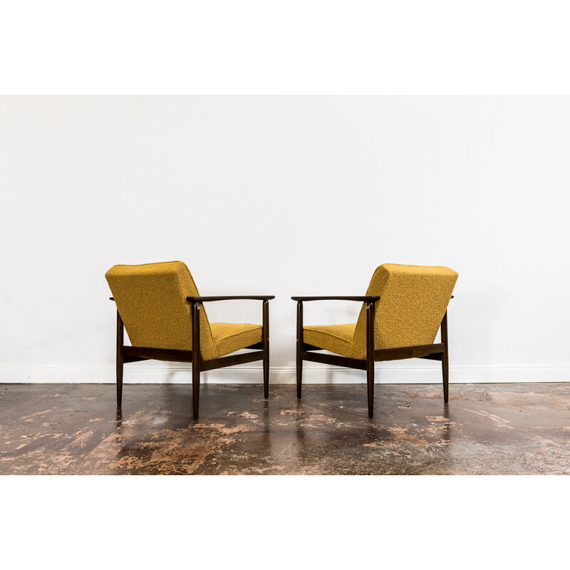 Pair of mid-century yellow bouclé armchairs, Poland 1960s