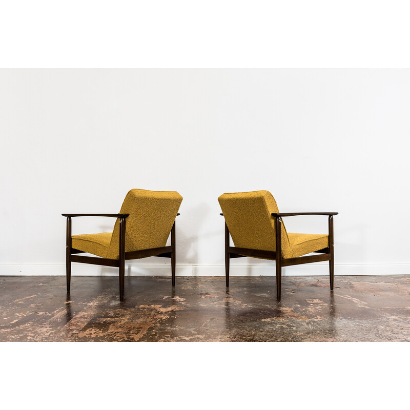 Pair of mid-century yellow bouclé armchairs, Poland 1960s