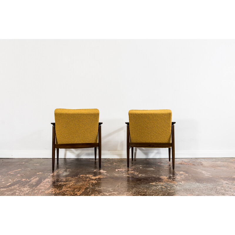 Pair of mid-century yellow bouclé armchairs, Poland 1960s