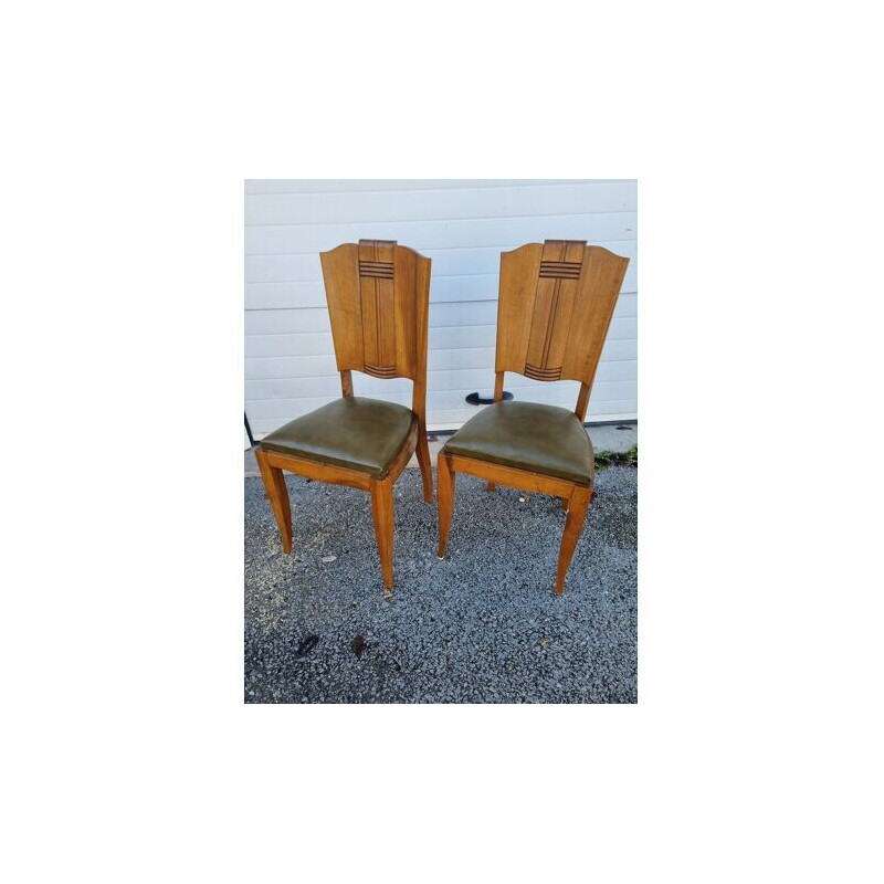 Set of 6 vintage art deco chairs in wood and skai