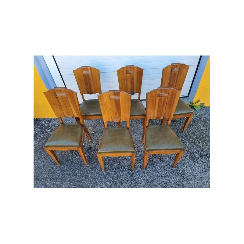 Set of 6 vintage art deco chairs in wood and skai