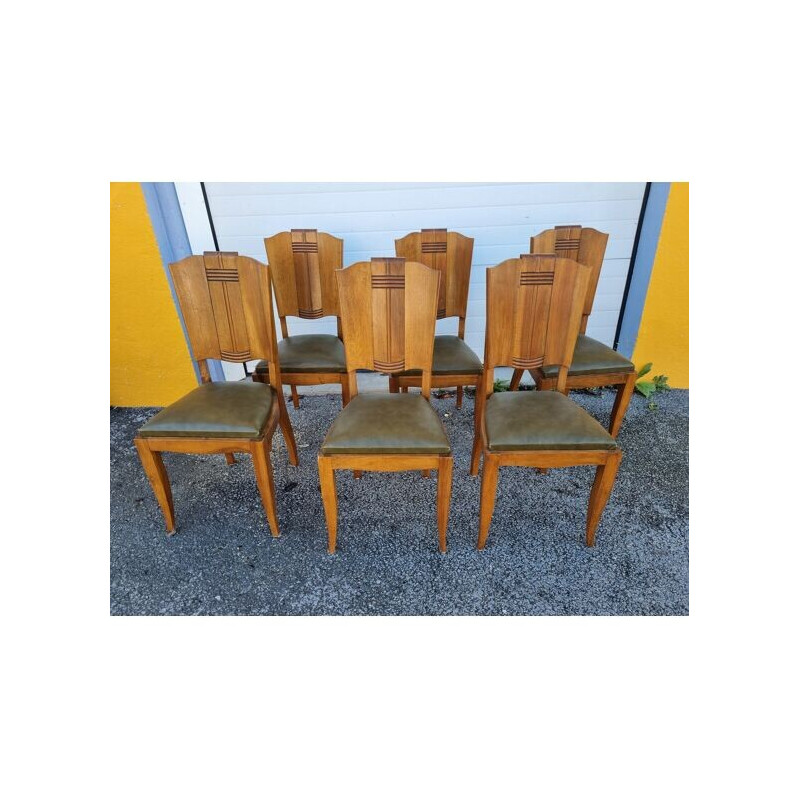 Lot de 6 chaises art déco vintage en bois et skaï