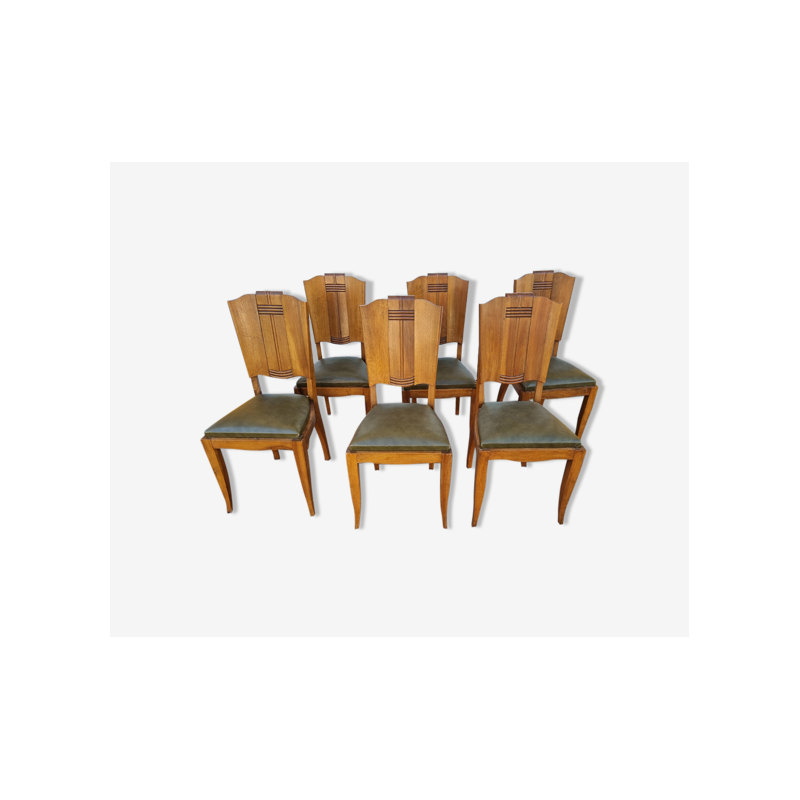 Set of 6 vintage art deco chairs in wood and skai