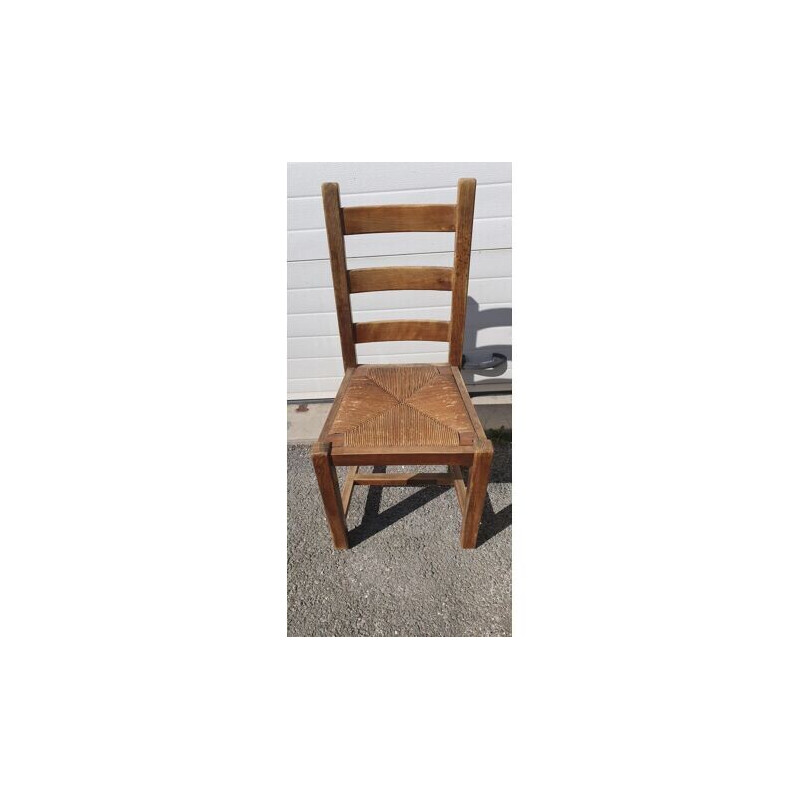 Juego de 4 sillas de paja de madera vintage