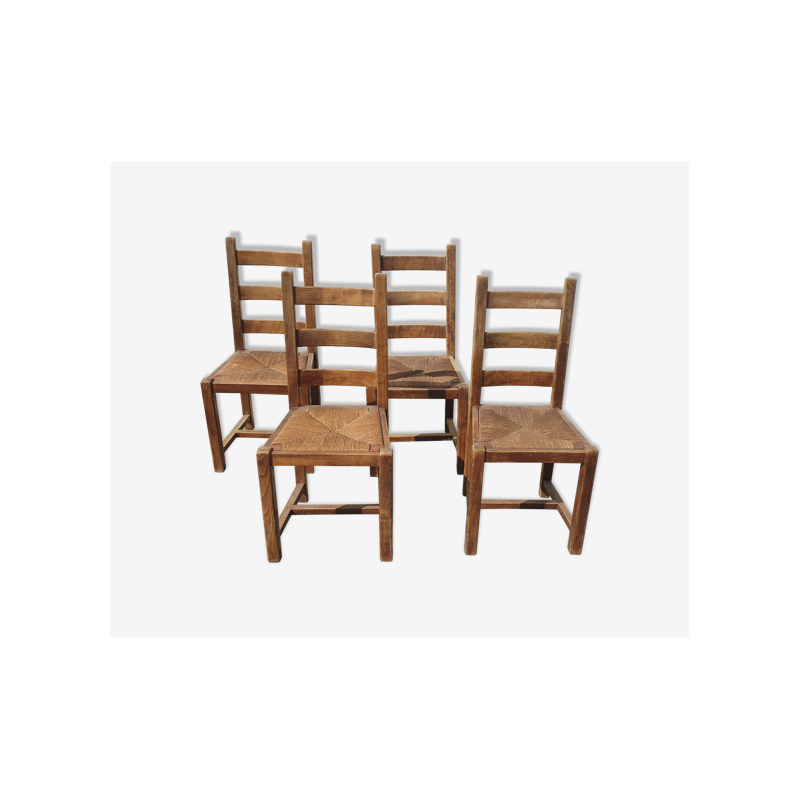 Set of 4 vintage wooden straw chairs