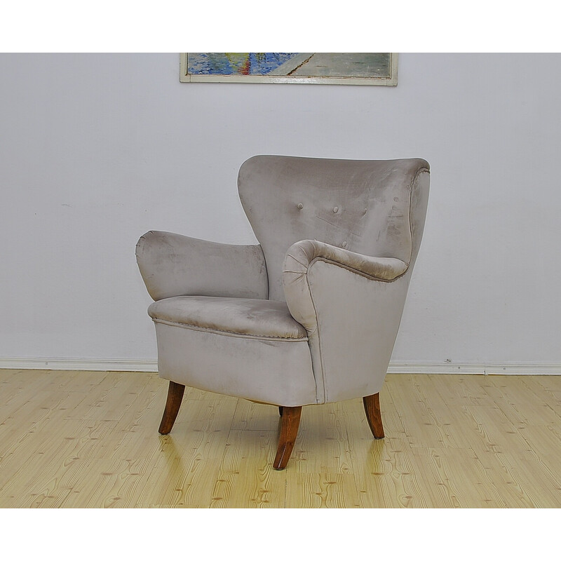 Swedish vintage velvet wingback armchair, 1950s