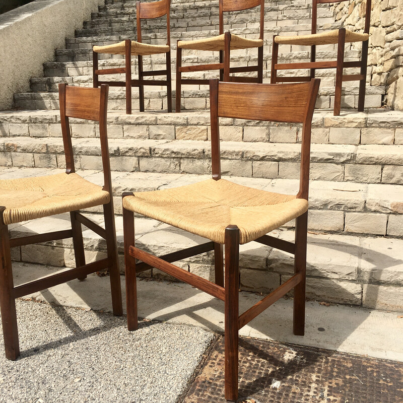 Set van 6 vinage stoelen in rozenhout en stro, 1960