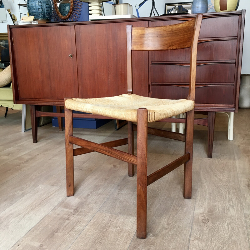 Set of 6 vinage chairs in rosewood and straw, 1960