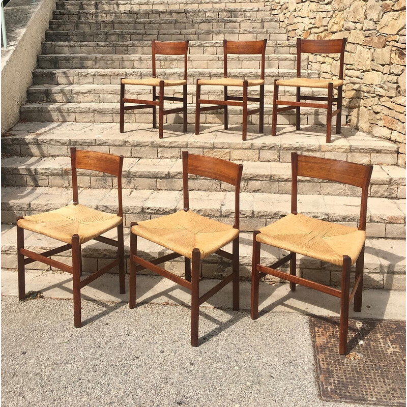 Set di 6 sedie vinage in palissandro e paglia, 1960