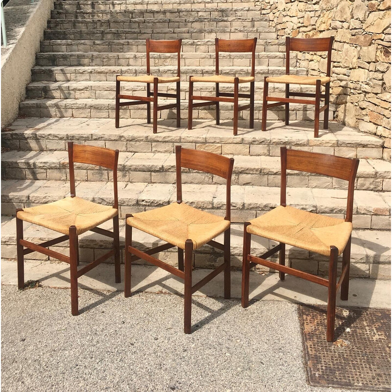 Set of 6 vinage chairs in rosewood and straw, 1960