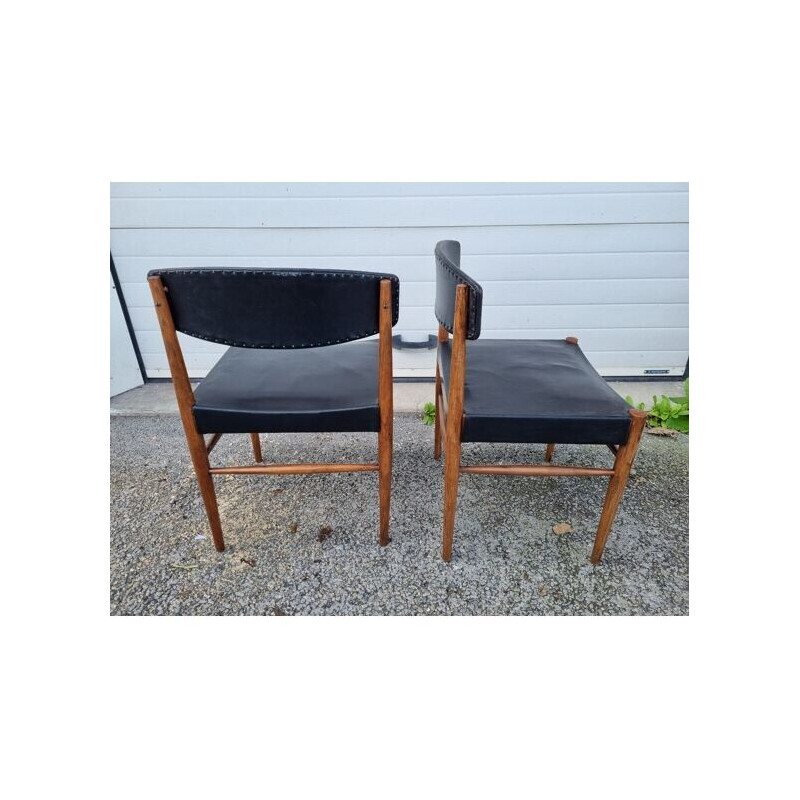 Paire de chaises scandinave vintage en skaï noir e bois, 1960
