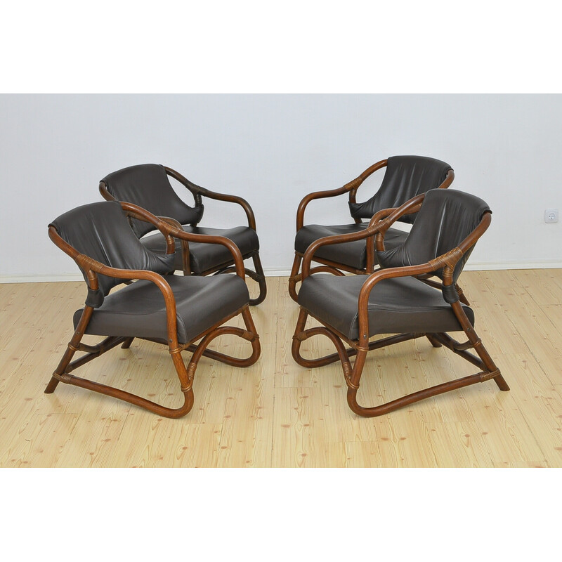 Set of 4 vintage bamboo armchairs with leather seats, 1970s