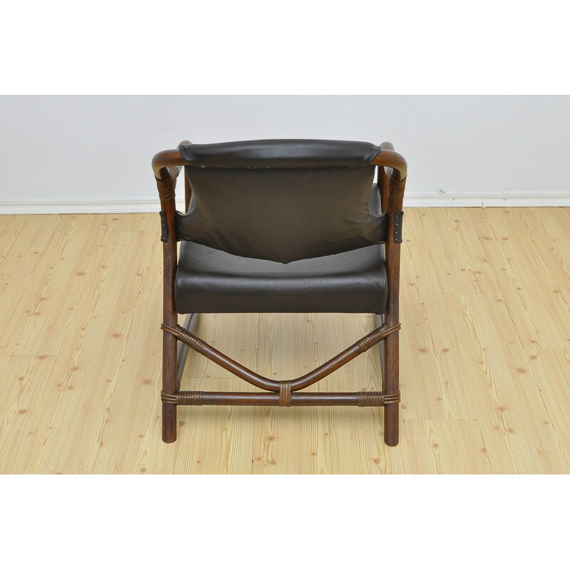 Set of 4 vintage bamboo armchairs with leather seats, 1970s