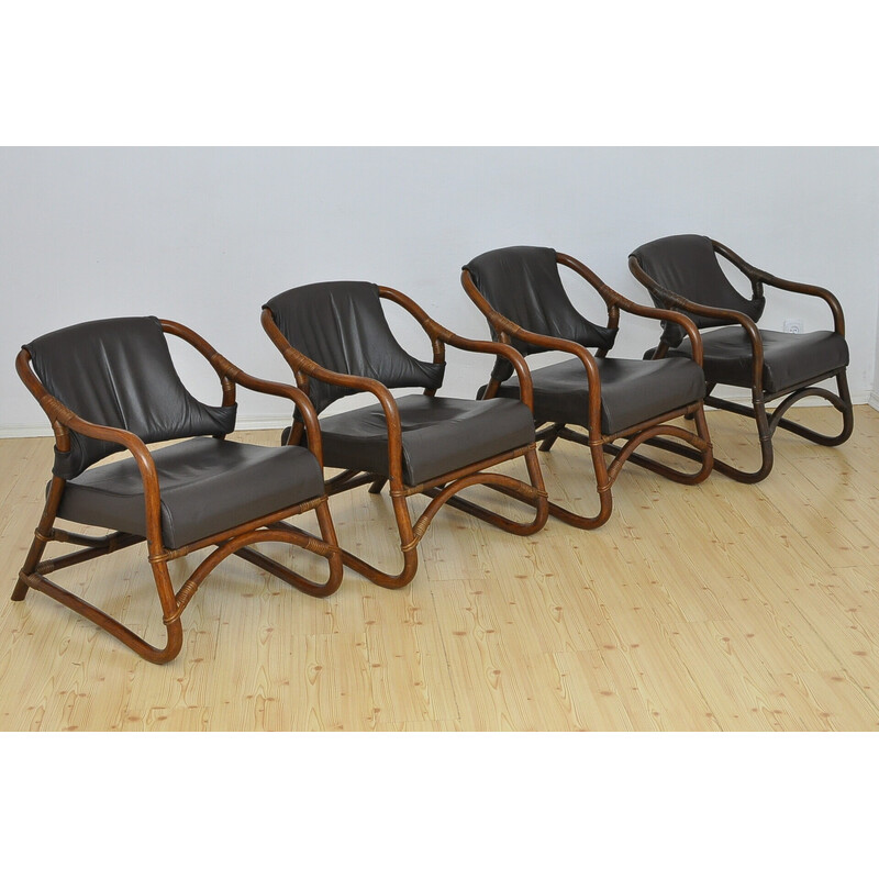 Conjunto de 4 poltronas de bambu vintage com assentos de couro, década de 1970