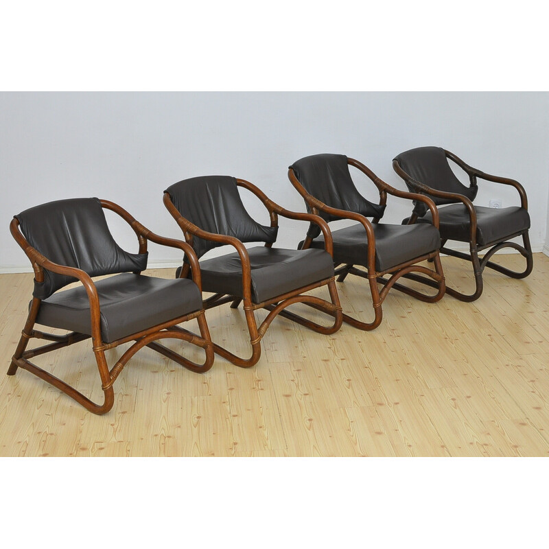 Juego de 4 sillones vintage de bambú con asientos de cuero, años 70