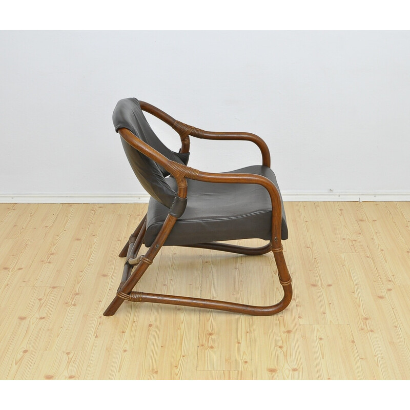 Juego de 4 sillones vintage de bambú con asientos de cuero, años 70