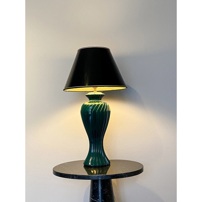 Vintage green lacquered porcelain table lamp, Italy 1970s