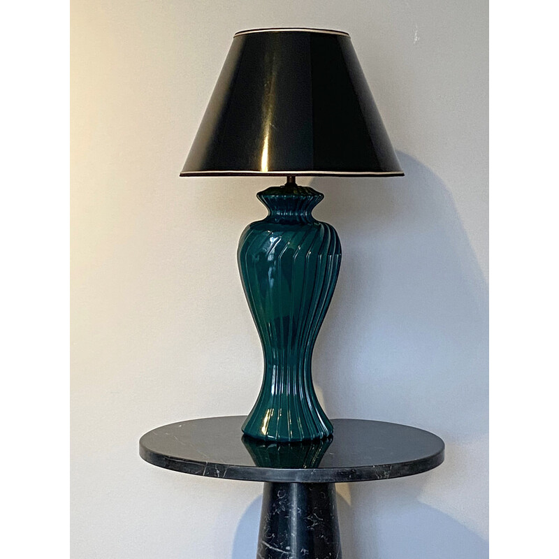 Vintage green lacquered porcelain table lamp, Italy 1970s