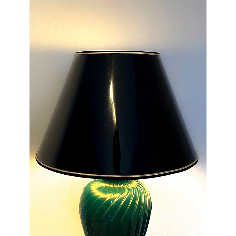 Vintage green lacquered porcelain table lamp, Italy 1970s