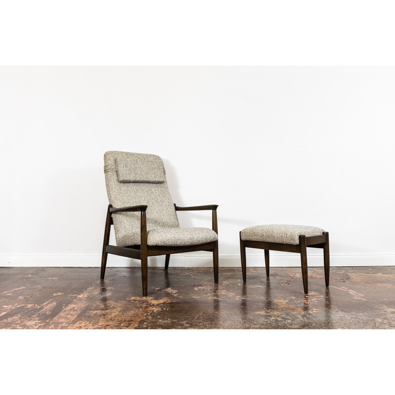 Vintage Gfm 64 high back armchair with ottoman by Edmund Homa, Poland 1960s