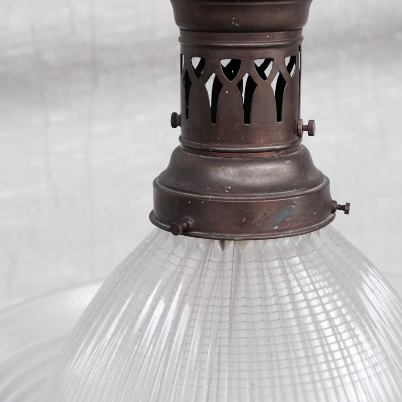Lámpara colgante vintage de vidrio y latón Holophane, Francia años 30