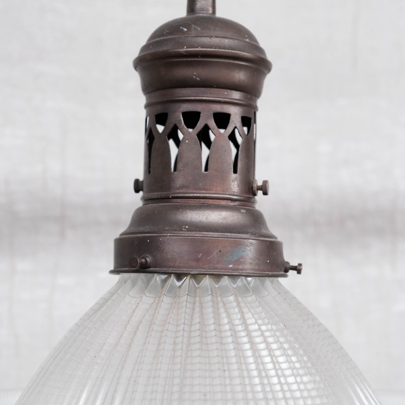 Vintage glas en messing Holophane hanglamp, Frankrijk 1930