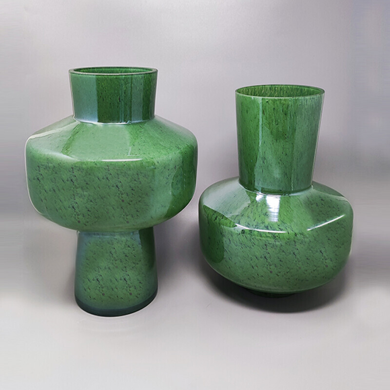 Pair of vintage green vases in Murano glass by Dogi, Italy 1970s