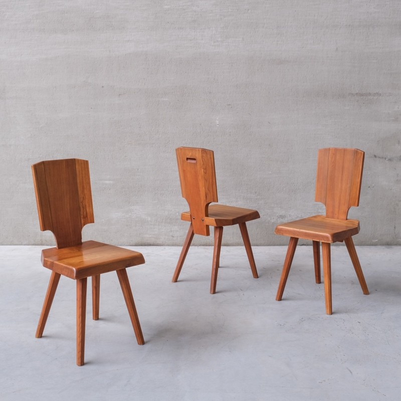 Set of 3 mid-century S28 French elmwood dining chairs by Pierre Chapo, 1972