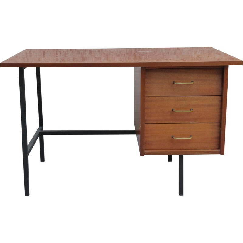Mahogany desk with 3 drawers and metallized legs - 1970s