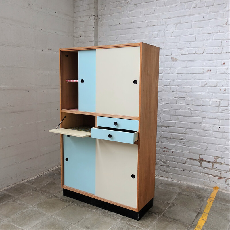 Vintage Aubry cabinet in beechwood veneer and white-blue formica, 1970s