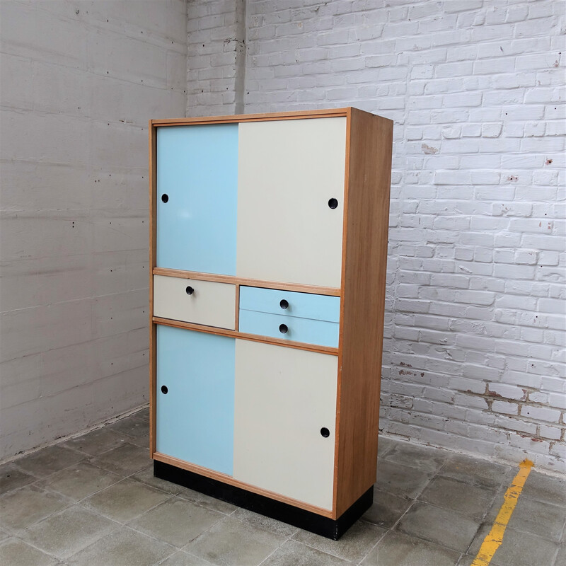 Vintage Aubry cabinet in beechwood veneer and white-blue formica, 1970s