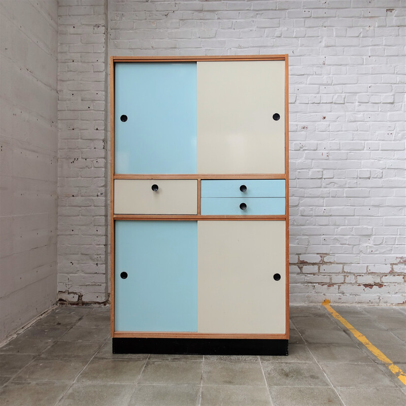 Vintage Aubry cabinet in beechwood veneer and white-blue formica, 1970s