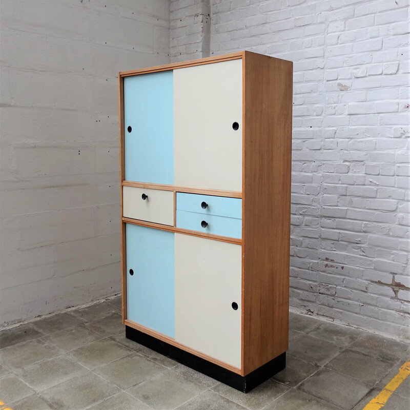 Vintage Aubry cabinet in beechwood veneer and white-blue formica, 1970s