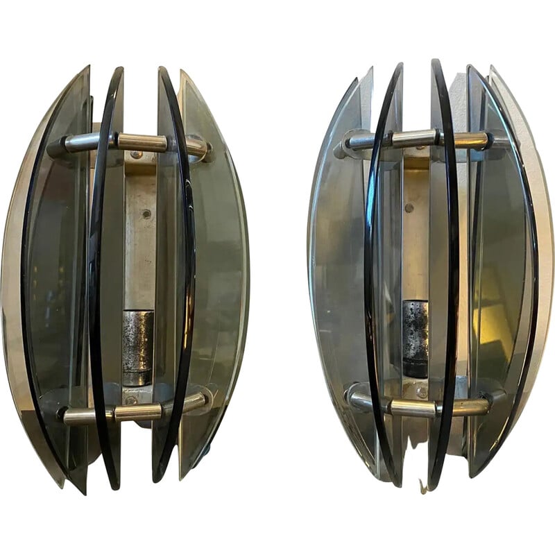 Pair of vintage chrome metal and glass wall lamps by Veca, Italy 1970
