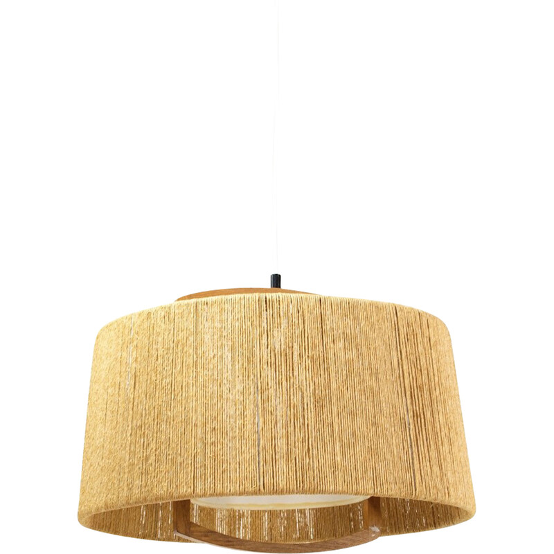 Vintage sisal en teakhouten hanglamp van Temde Leuchten, Duitsland 1960