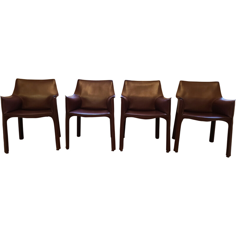 Set of 4 vintage Cab 413 leather armchairs by Mario Bellini for Cassina, 1983
