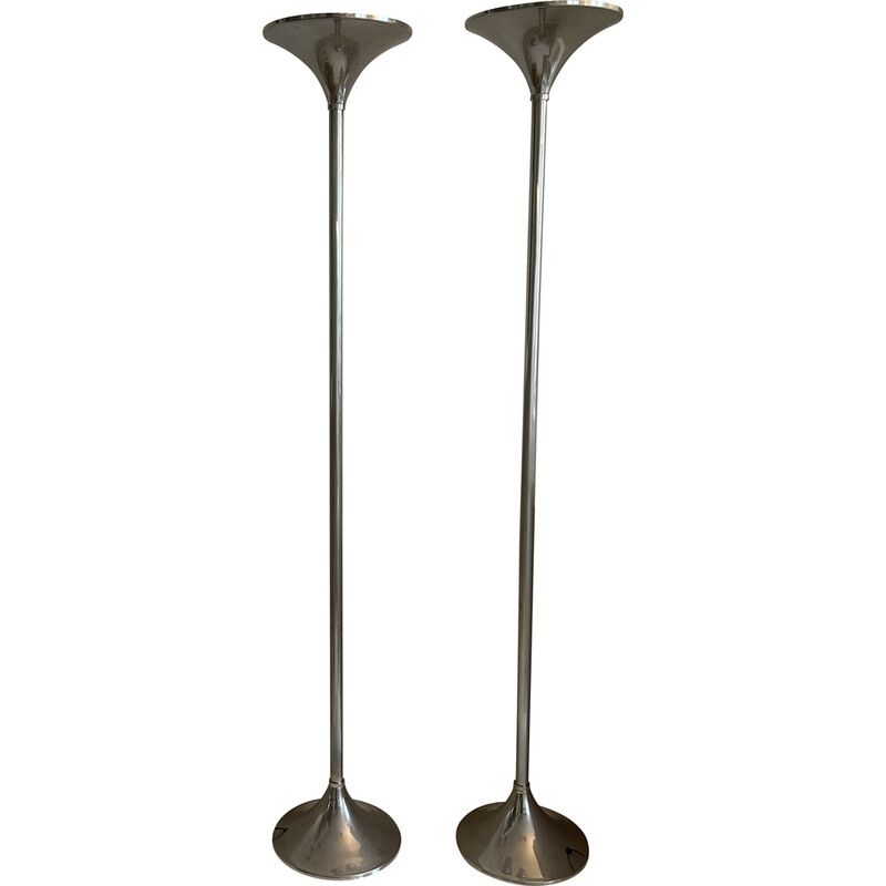 Pair of vintage chrome-plated metal floor lamps, France 1970