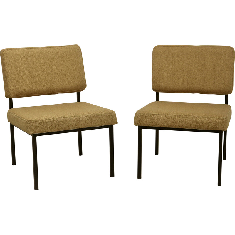 Pair of vintage armchairs in metal and yellow fabric, 1950